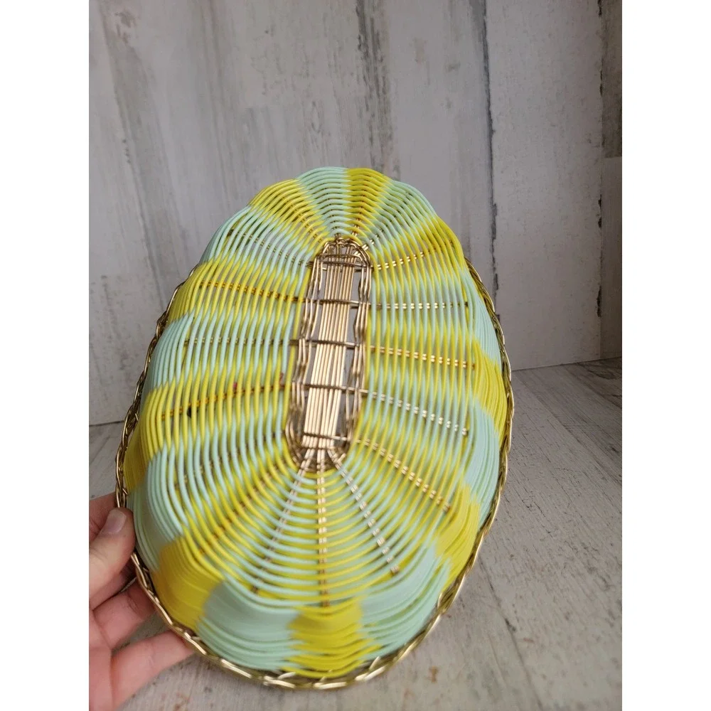 Small Easter yellow‎ green wicker basket spring metal rimmed home decor